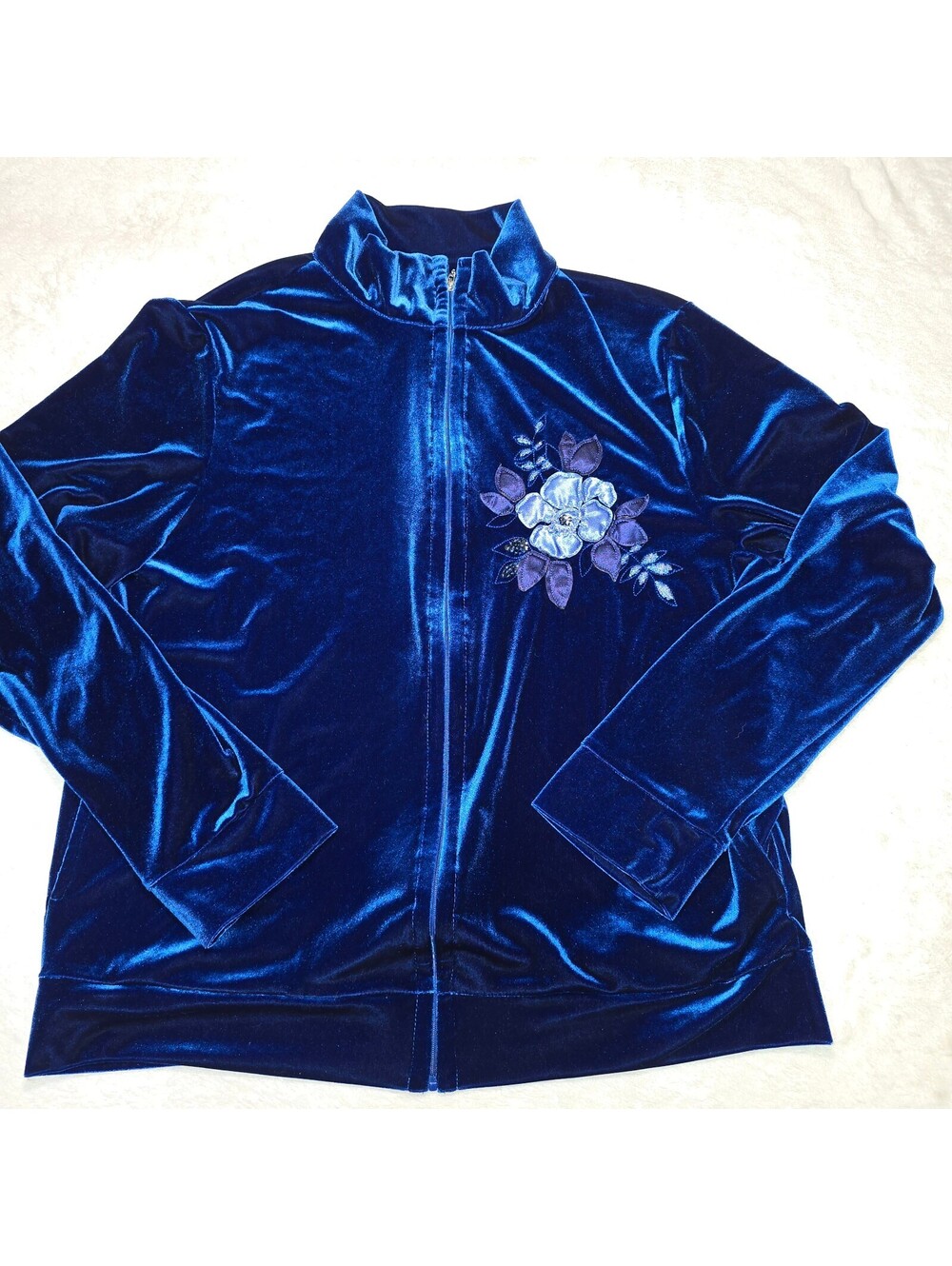 Vintage Jaclyn Smith Blue Velvet Velour Track Jacket Embroidered Floral Size L